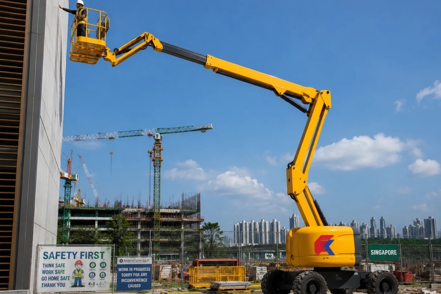 A yellow cherry picker raised beside a building on a commercial work site